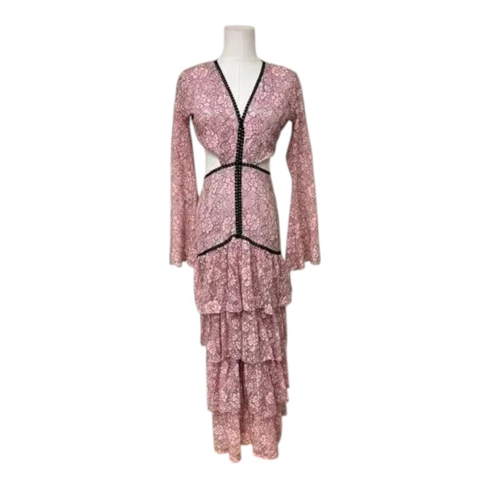 Genavieve The Label Pink Floral Maxi Dress Backless Cutout Sheer Ruffled Sleeves